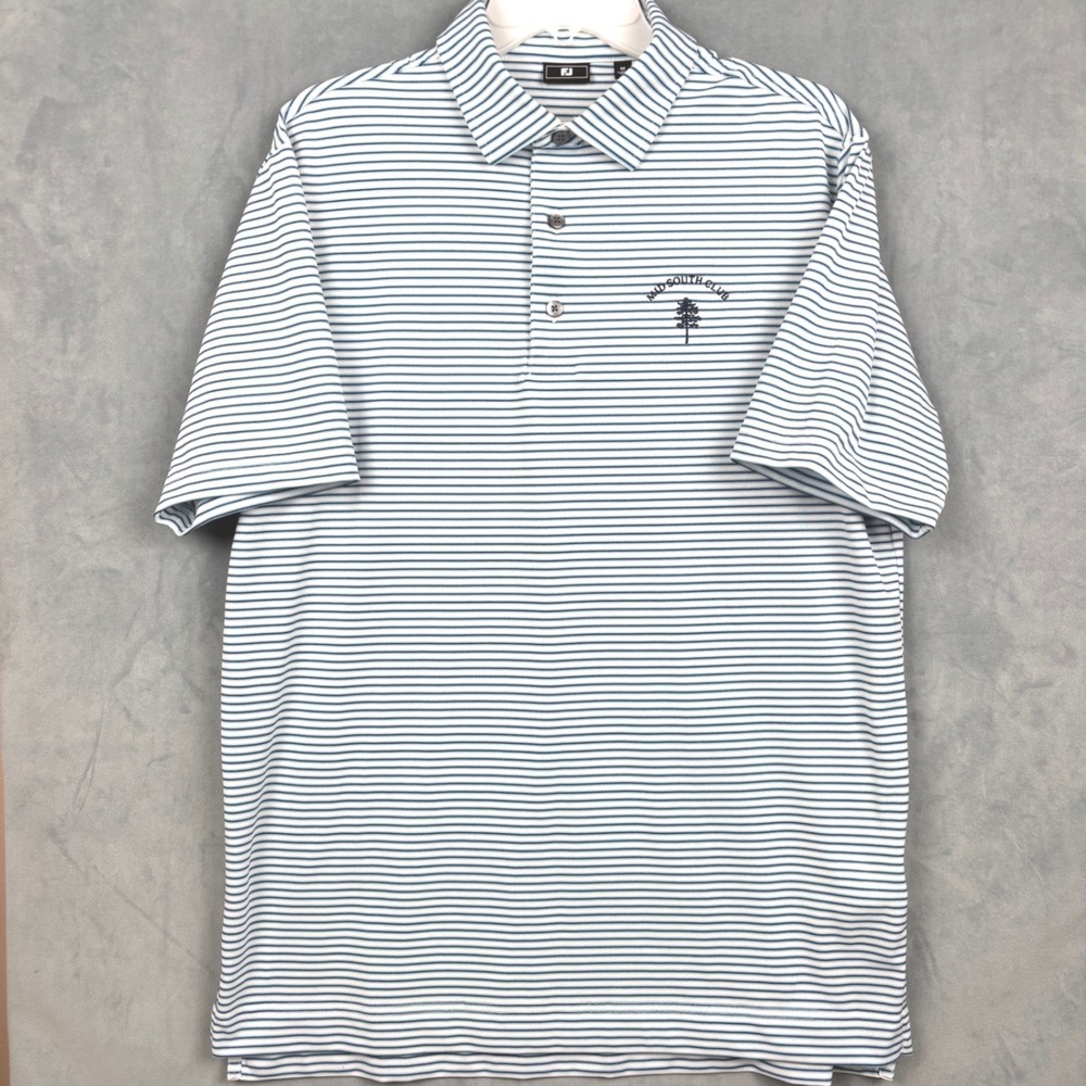 FootJoy Mens Golf Polo Shirt Medium Blue White Stripe Mid South Club Performance